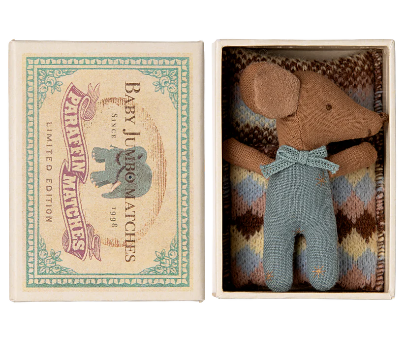 Maileg Sleepy wakey baby mouse in matchbox - Blue