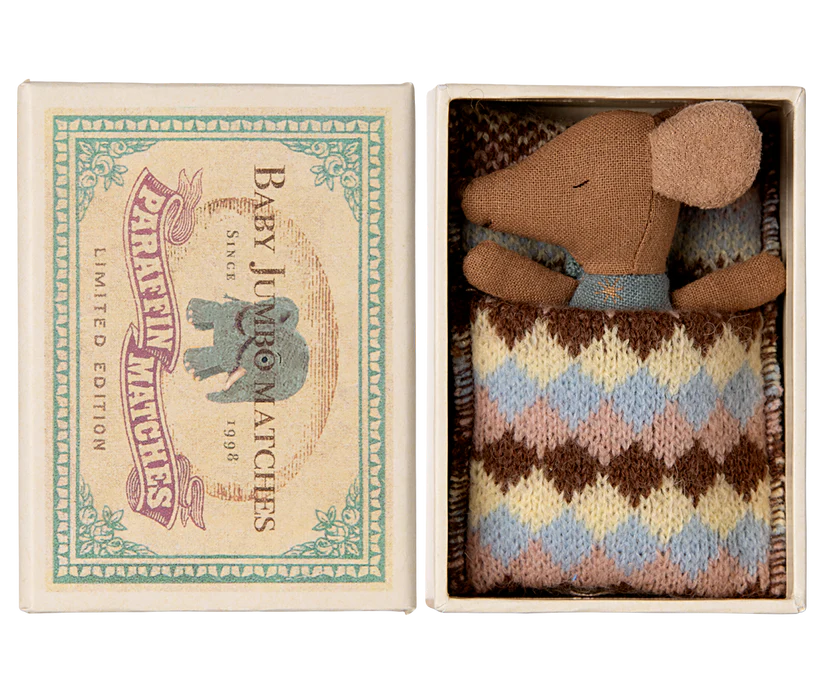 Maileg Sleepy wakey baby mouse in matchbox - Blue