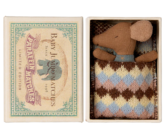 Maileg Sleepy wakey baby mouse in matchbox - Blue